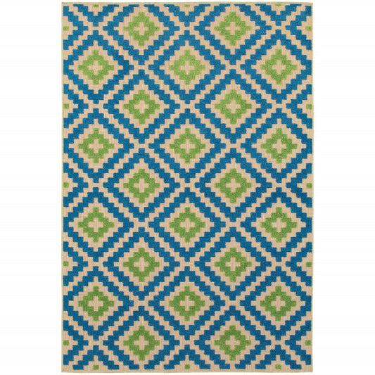 8' x 11' Blue and Beige Geometric Stain Resistant Indoor Outdoor Area Rug