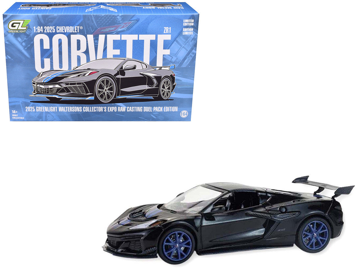 2025 Chevrolet Corvette C8 ZR1 Black with Blue Stripes with Raw Casting Dual Pack "2025 Greenlight Waltersons Collector's Expo Exclusive" 1/64 Diecast Model Car by Greenlight Greenlight