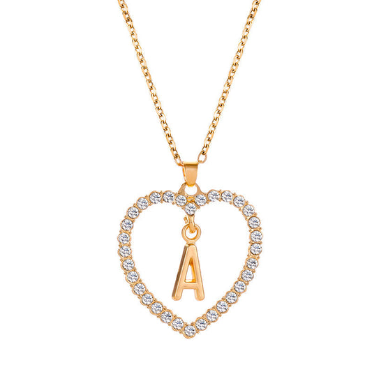 Womens Stylish & Minimalist Diamond-Encrusted 26-Letter Heart Pendant Necklace LadyShow.Store