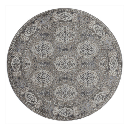 6' Charcoal and Gray Medallion Power Loom Round Rug