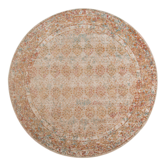 6' Beige and Orange Southwestern Power Loom Round Rug
