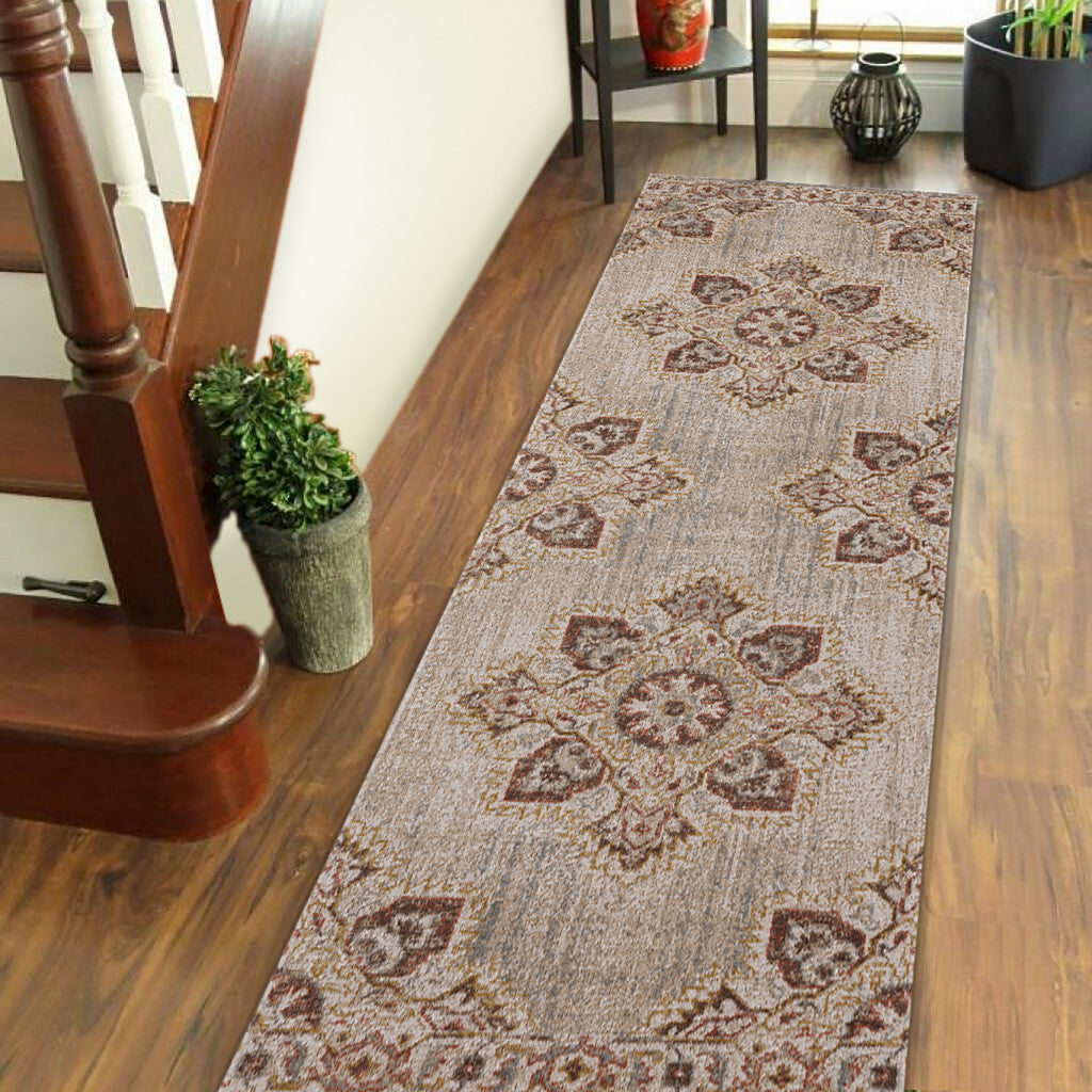 7' Beige and Rust Medallion Power Loom Runner Rug