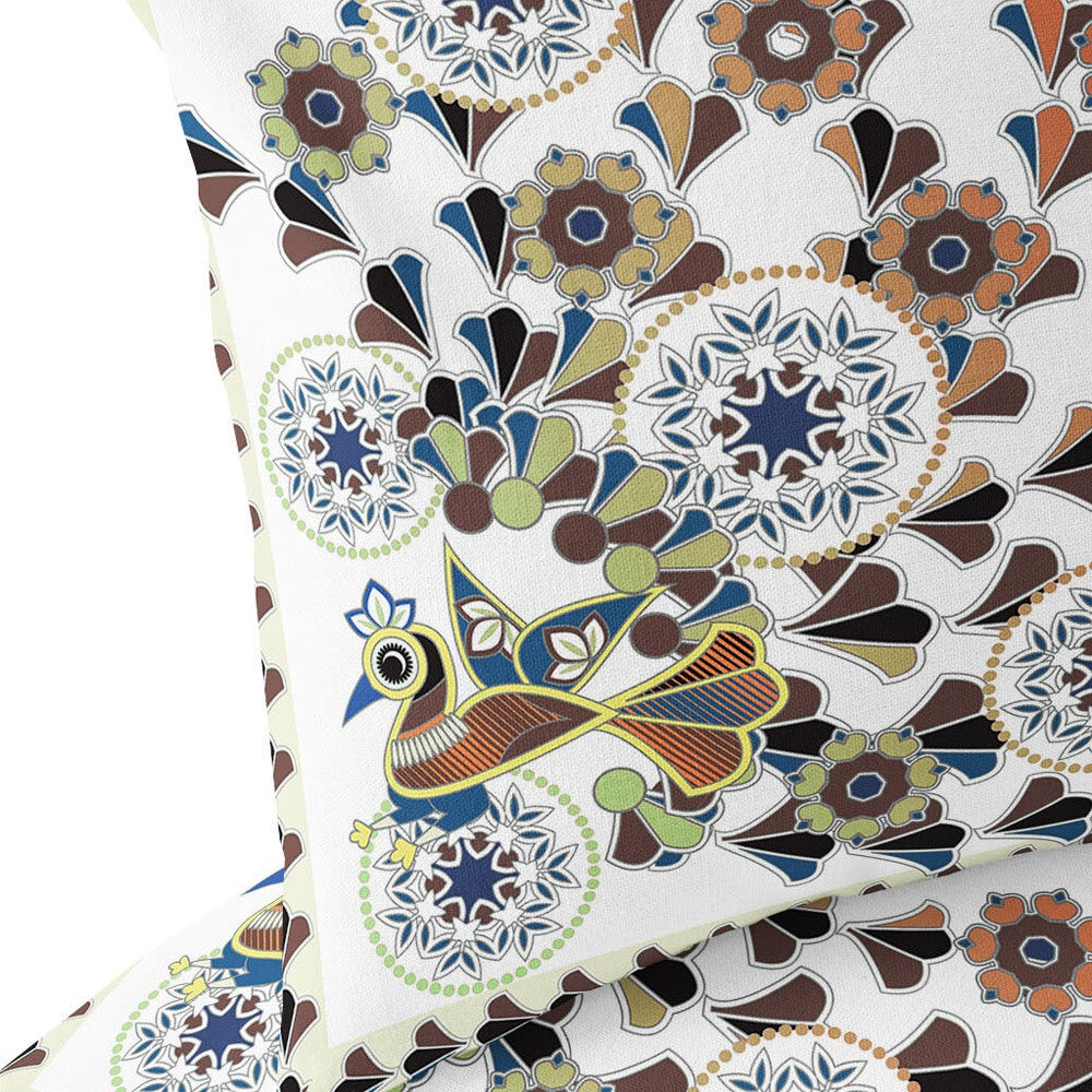 Set of Two 16" X 16" Blue and Off White Peacock Blown Seam Floral Indoor Outdoor Throw Pillow