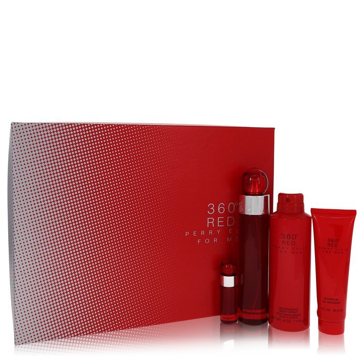 Perry Ellis 360 Red by Perry Ellis Gift Set -- 3.4 oz Eau De Toilette Spray + .25 oz Mini EDT Spray + 6 oz Body Spray + 3 oz Shower Gel (Men) W2B