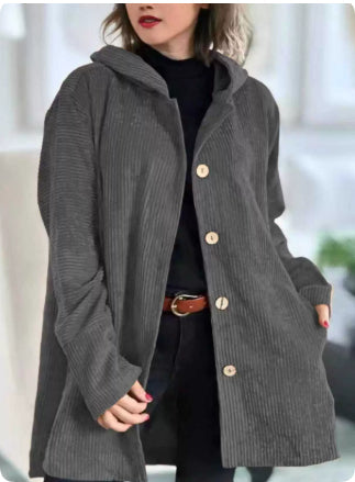 Women's Corduroy Hooded Jacket Fashion Warm Pockets Button Mid-length Top Casual Fall Winter Outwear Clothing Accent Plus
