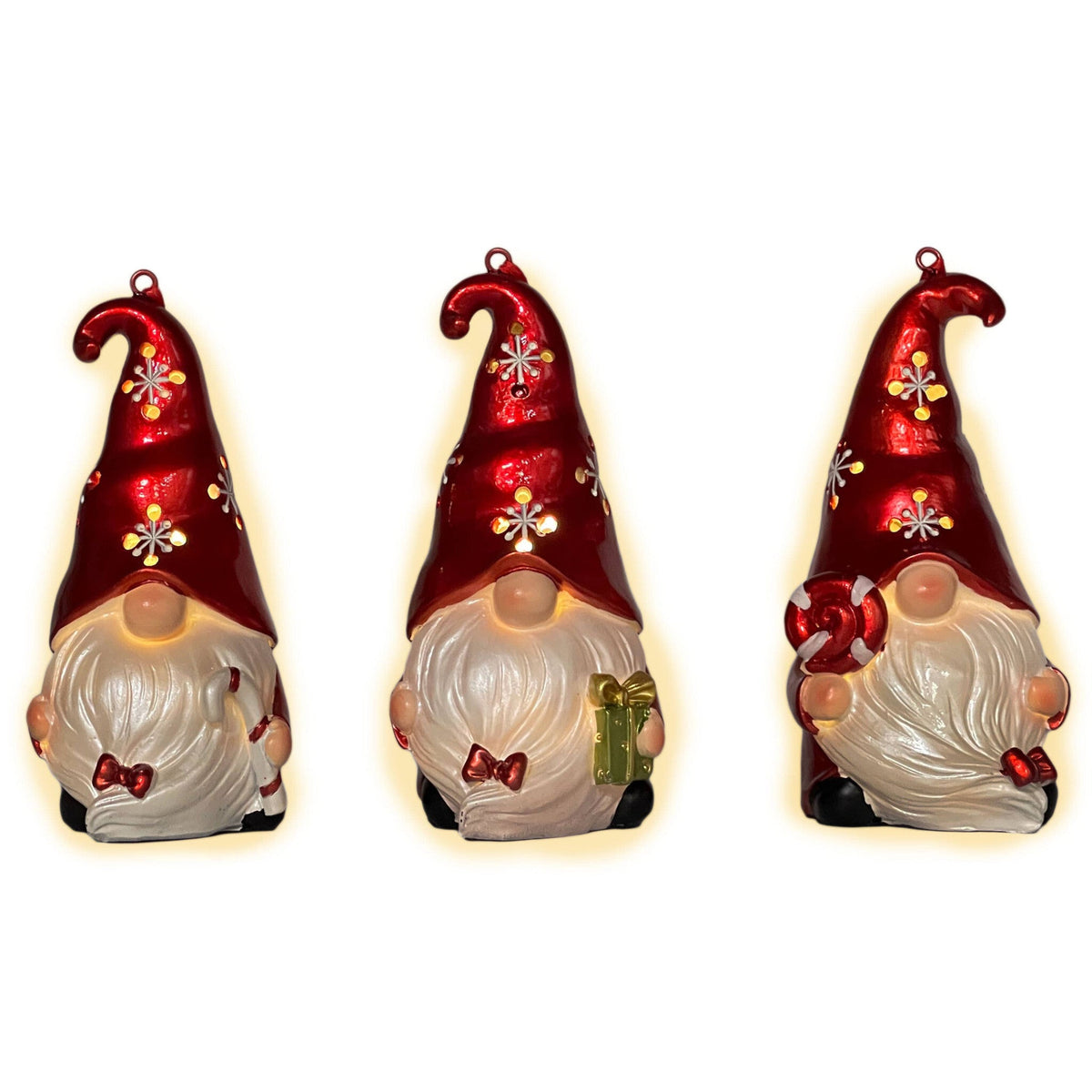 Set of Three Red and White Santa Gnome LED Light Up Christmas Ornaments W2B