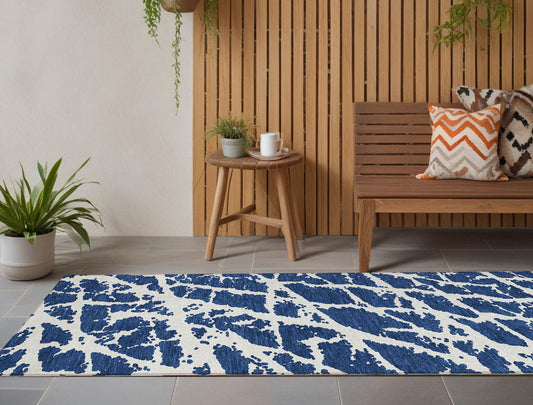 8' Runner Blue and White Abstract Washable Non Skid Indoor Outdoor Runner Rug