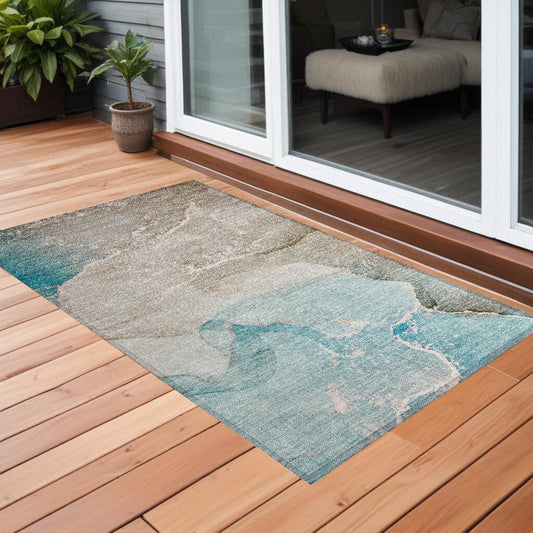 3' X 5' Teal Abstract Washable Non Skid Indoor Outdoor Area Rug W2B