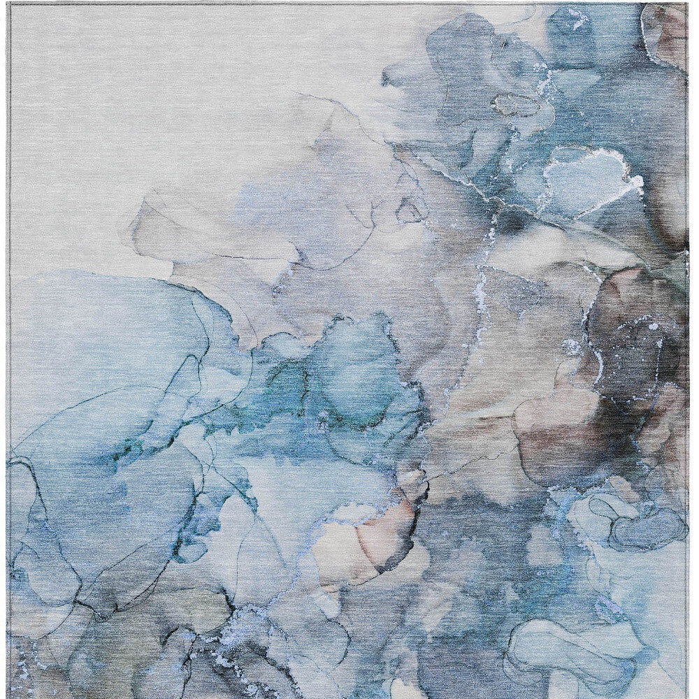 3' X 5' Blue and Gray Abstract Washable Non Skid Indoor Outdoor Area Rug W2B
