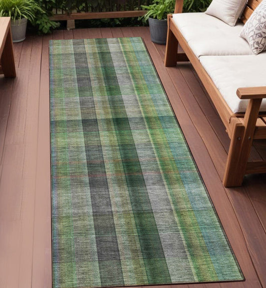 2' X 8' Green Beige and Gray Plaid Washable Non Skid Indoor Outdoor Area Rug W2B