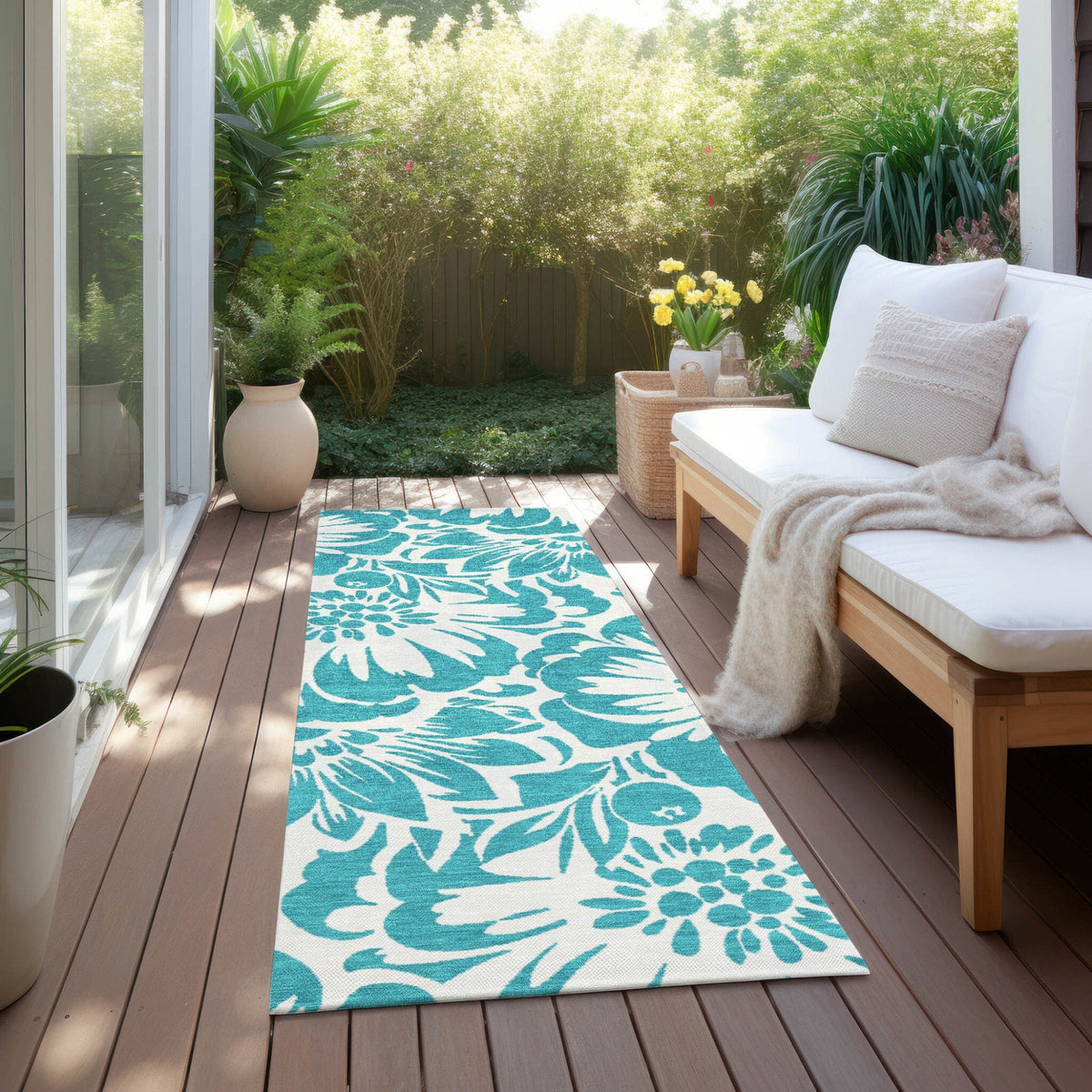 2' X 8' Teal and Ivory Floral Washable Non Skid Indoor Outdoor Runner Rug W2B