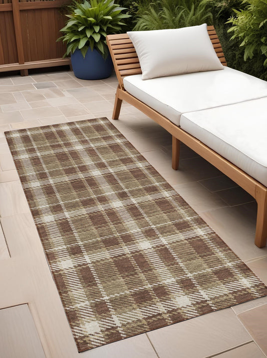 8' Runner Chocolate and Ivory Plaid Washable Non Skid Indoor Outdoor Runner Rug