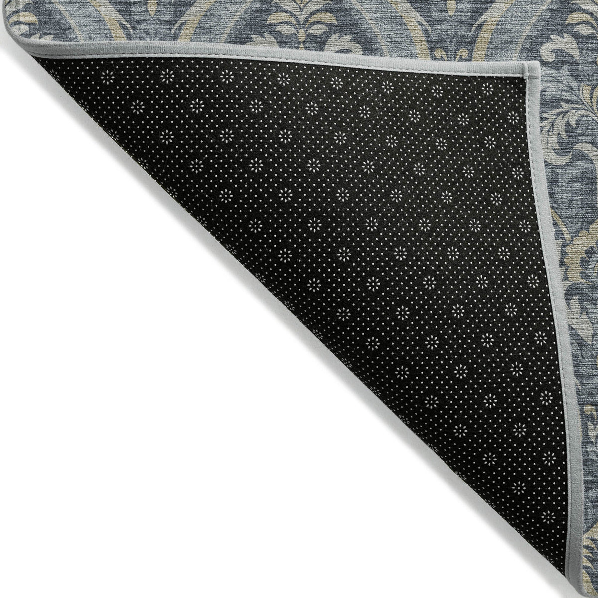 3' X 5' Blue and Cream Damask Washable Non Skid Indoor Outdoor Area Rug W2B