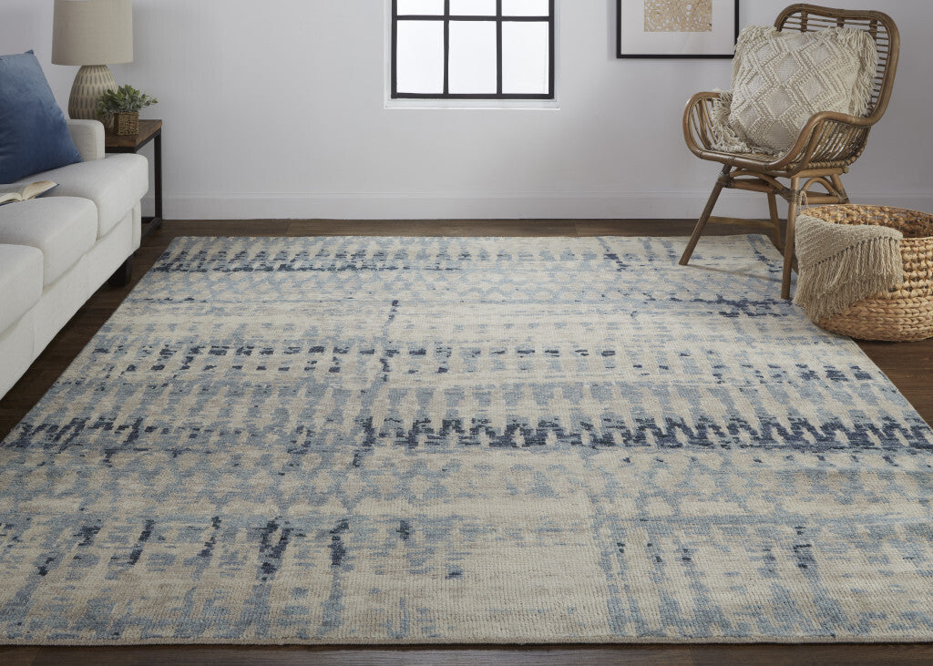 2' X 3' Gray Blue and Ivory Wool Abstract Hand Knotted Area Rug W2B