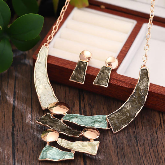 Female Colored Oil Geometric Irregular Earnail Necklace Set LadyShow.Store