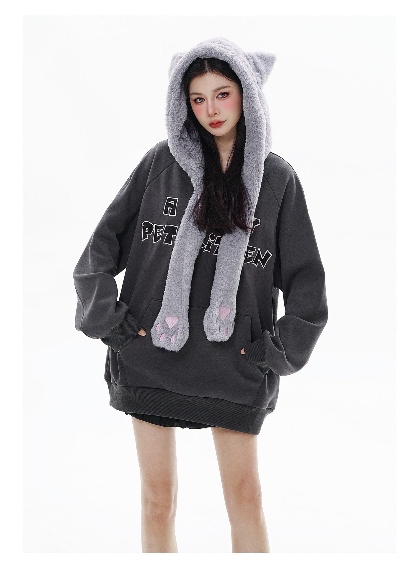 Fleece-lined Hooded Loose Pullover Sweatershirt LadyShow.Store