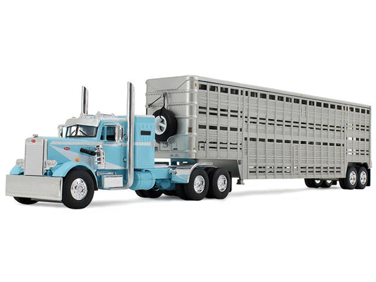 Peterbilt 351 with 36" Vintage Sleeper and 45' Wilson Vintage Livestock Trailer Light Blue with White Stripes 1/64 Diecast Model by DCP/First Gear-1