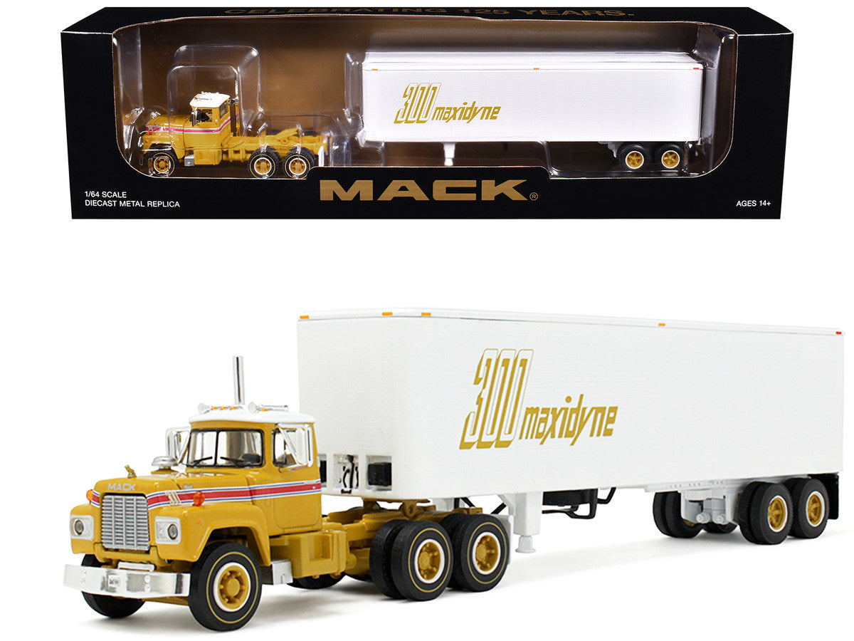 Mack R-Model Day Cab and 40' Vintage Trailer Yellow with Red Stripes and White Top "Mack Anniversary" 1/64 Diecast Model by DCP/First Gear First Gear
