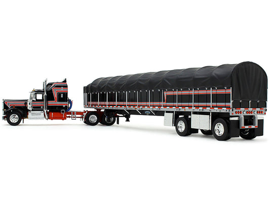 Kenworth W900A with 60" Aerodyne Sleeper and 53ā Wilson Roadbrute Flatbed Trailer with Covered Wagon Black with Red Stripes 1/64 Diecast Model by DCP/First Gear-1
