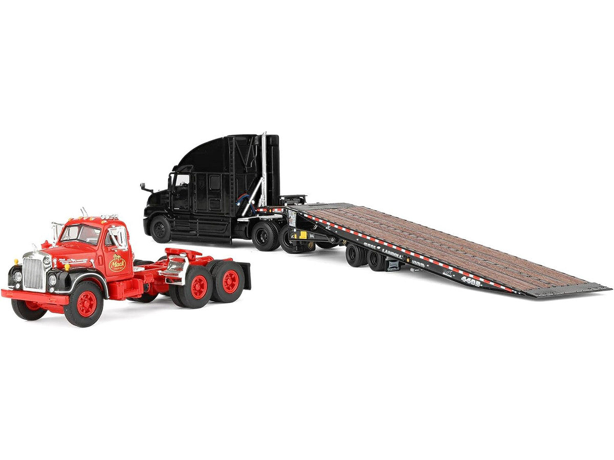 Mack Anthem Sleeper and Landoll 440B-50CA Traveling Axle Trailer Black with Mack B-61 Day Cab Load Red "Mack Anniversary" 1/64 Diecast Model by DCP/First Gear First Gear