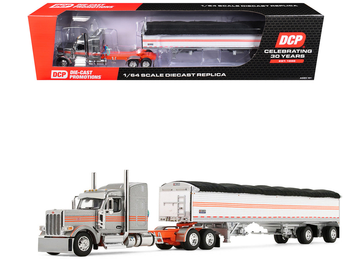 Peterbilt 589 with 58" Mid-Roof Sleeper and 50' Wilson Pacesetter Grain Trailer Silver Metallic with Orange Stripes 1/64 Diecast Model by DCP/First Gear First Gear