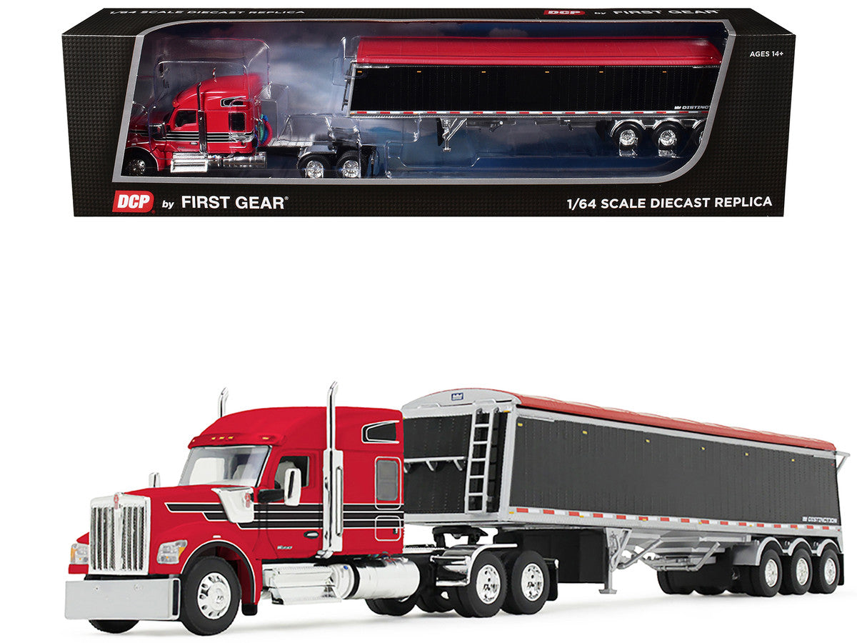 Kenworth W990 with 76" Mid-Roof Sleeper and Lode King Distinction Hopper Trailer Red and Black 1/64 Diecast Model by DCP/First Gear First Gear