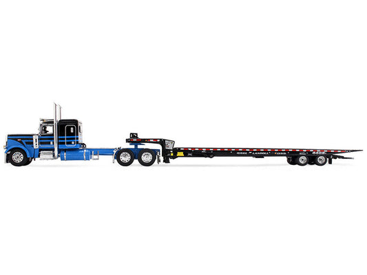 Peterbilt 389 with 48" Flat Top Sleeper and Landoll 440B-50CA Traveling Axle Trailer Black with Blue Stripes 1/64 Diecast Model by DCP/First Gear First Gear