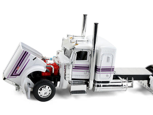 Peterbilt 389 with 36" Flat Top Sleeper and Fontaine Magnitude Lowboy Trailer White with Black Stripes 1/64 Diecast Model by DCP/First Gear-1