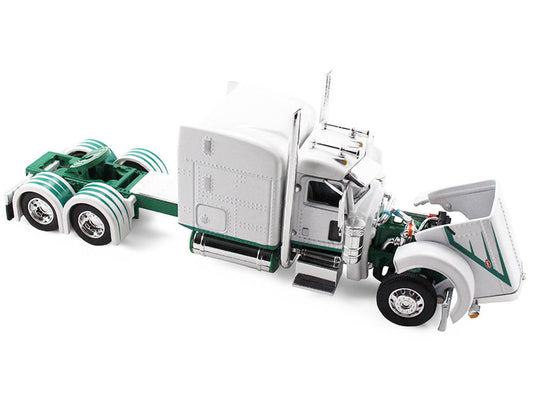 Peterbilt 389 with 63" Mid-Roof Sleeper and 53' Utility Trailer White with Green Stripes 1/64 Diecast Model by DCP/First Gear First Gear