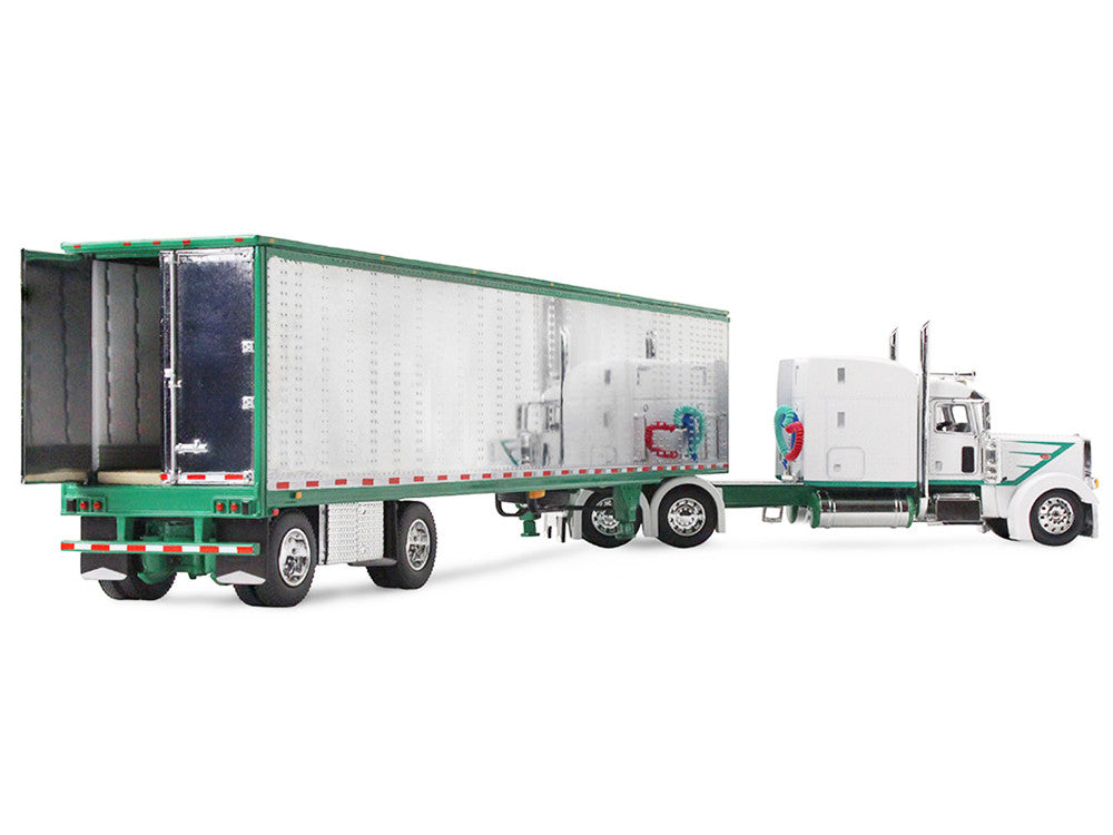 Peterbilt 389 with 63" Mid-Roof Sleeper and 53' Utility Trailer White with Green Stripes 1/64 Diecast Model by DCP/First Gear First Gear