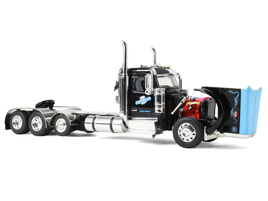 Peterbilt 589 Day Cab and Fontaine Renegade LXT40 Lowboy Trailer with Fliptail "Cappello Heavy Transport" Black with Light Blue Hood 1/64 Diecast Model by DCP/First Gear First Gear