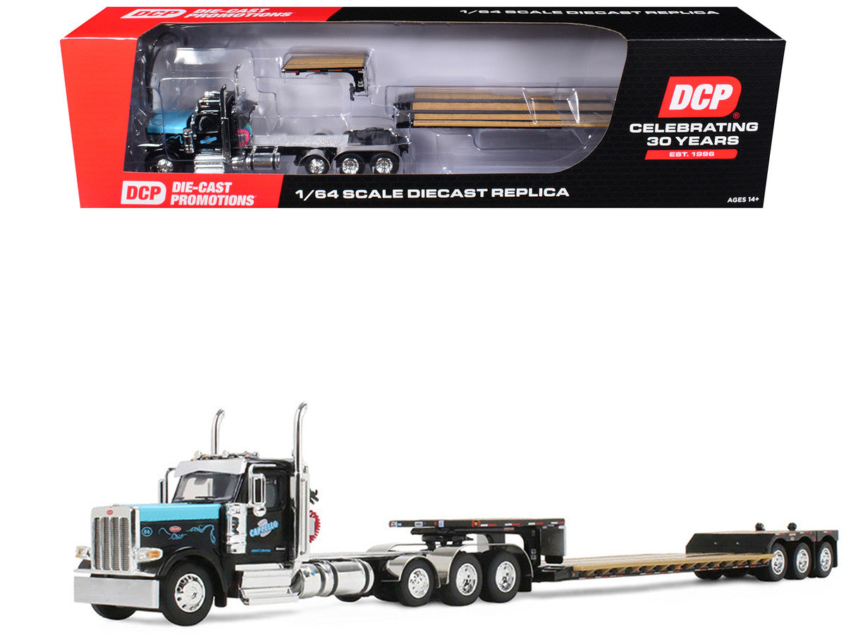 Peterbilt 589 Day Cab and Fontaine Renegade LXT40 Lowboy Trailer with Fliptail "Cappello Heavy Transport" Black with Light Blue Hood 1/64 Diecast Model by DCP/First Gear First Gear