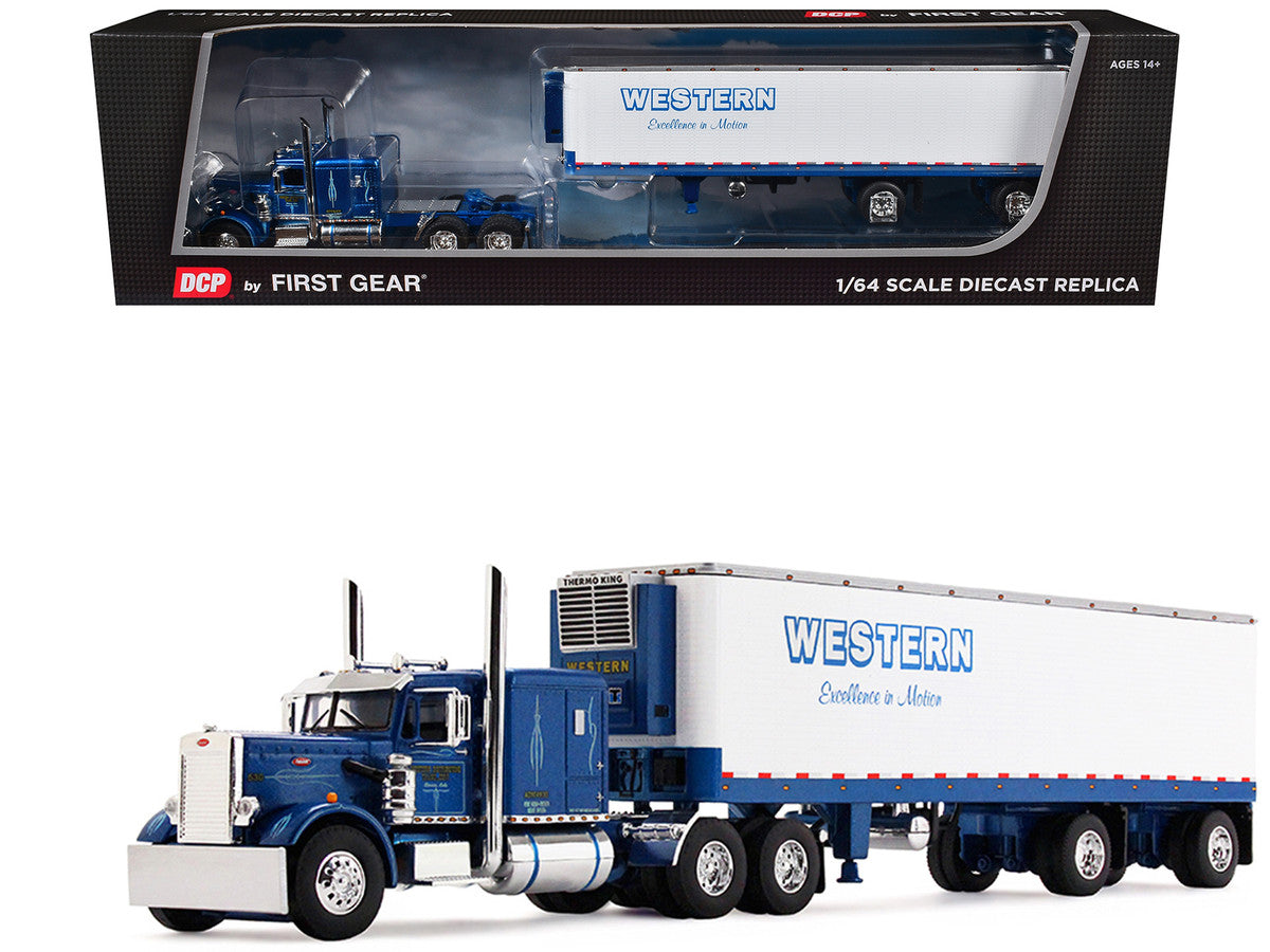 Peterbilt 351 with 63" Flat Top Sleeper and 40' Vintage Trailer with Reefer "Western Distributing" Blue Metallic and White 1/64 Diecast Model by DCP/First Gear First Gear