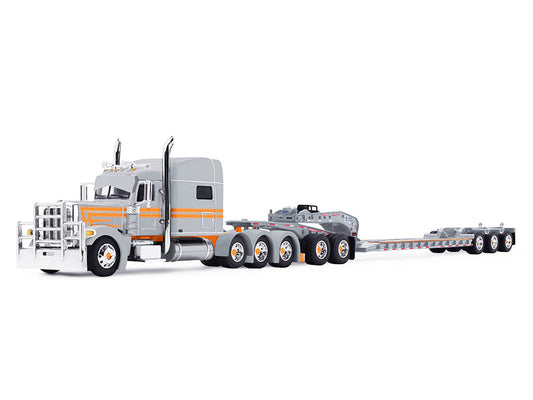 Peterbilt 389 with 70" Mid-Roof Sleeper and Fontaine Magnitude Tri-Axle Lowboy Trailer with Jeep "Capitola Trucking" Gray with Orange Stripes 1/64 Diecast Model by DCP/First Gear First Gear