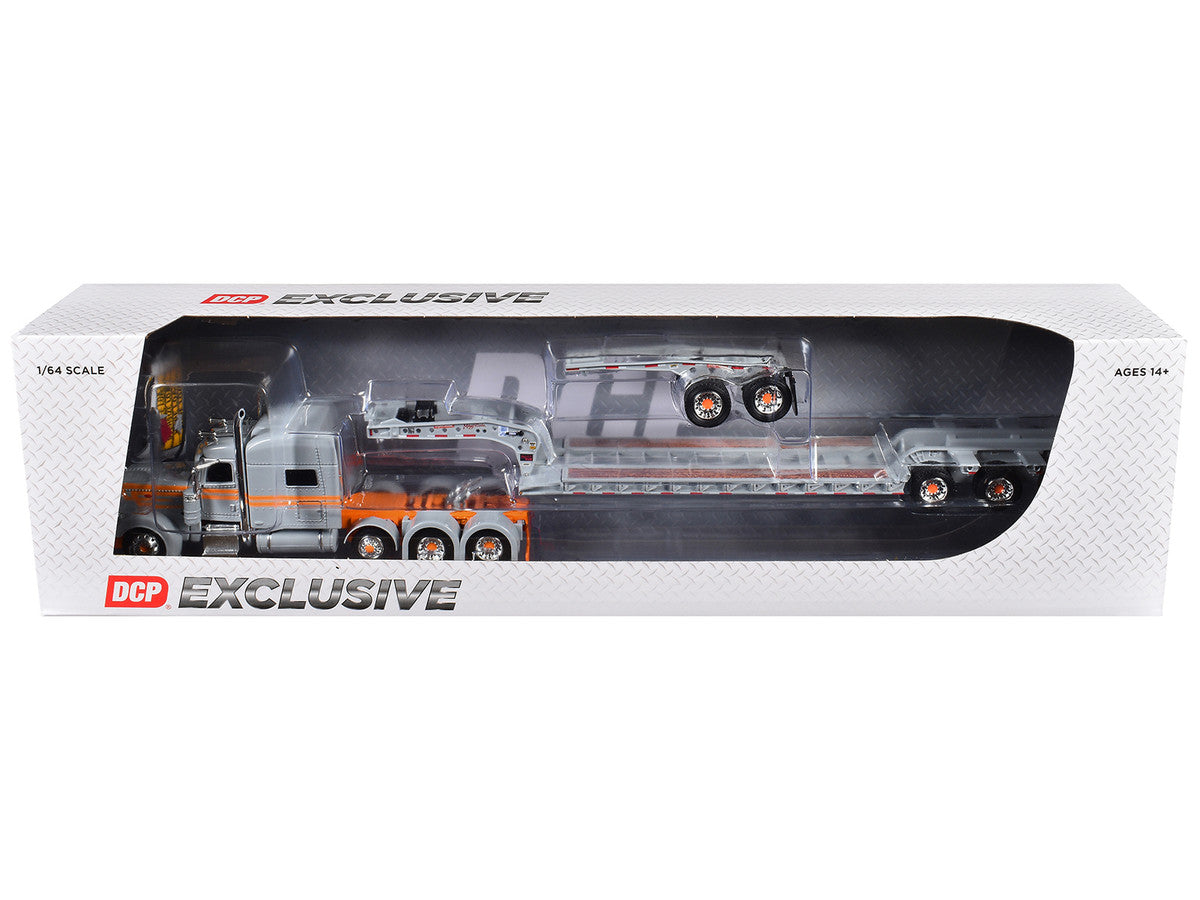 Peterbilt 389 with 70" Mid-Roof Sleeper and Fontaine Magnitude Tri-Axle Lowboy Trailer with Jeep "Capitola Trucking" Gray with Orange Stripes 1/64 Diecast Model by DCP/First Gear First Gear