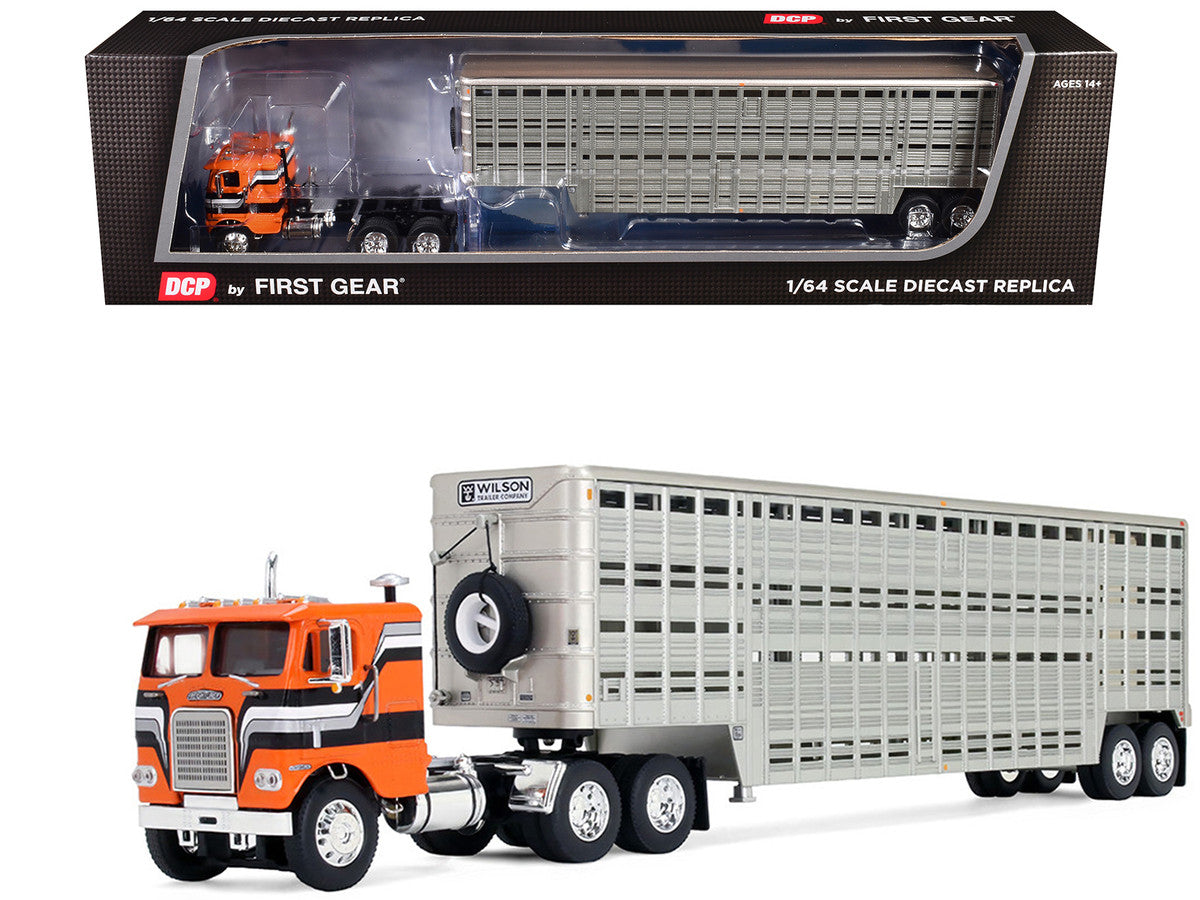 Freightliner COE and 45' Wilson Vintage Livestock Trailer Orange with Stripes 1/64 Diecast Model by DCP/First Gear First Gear
