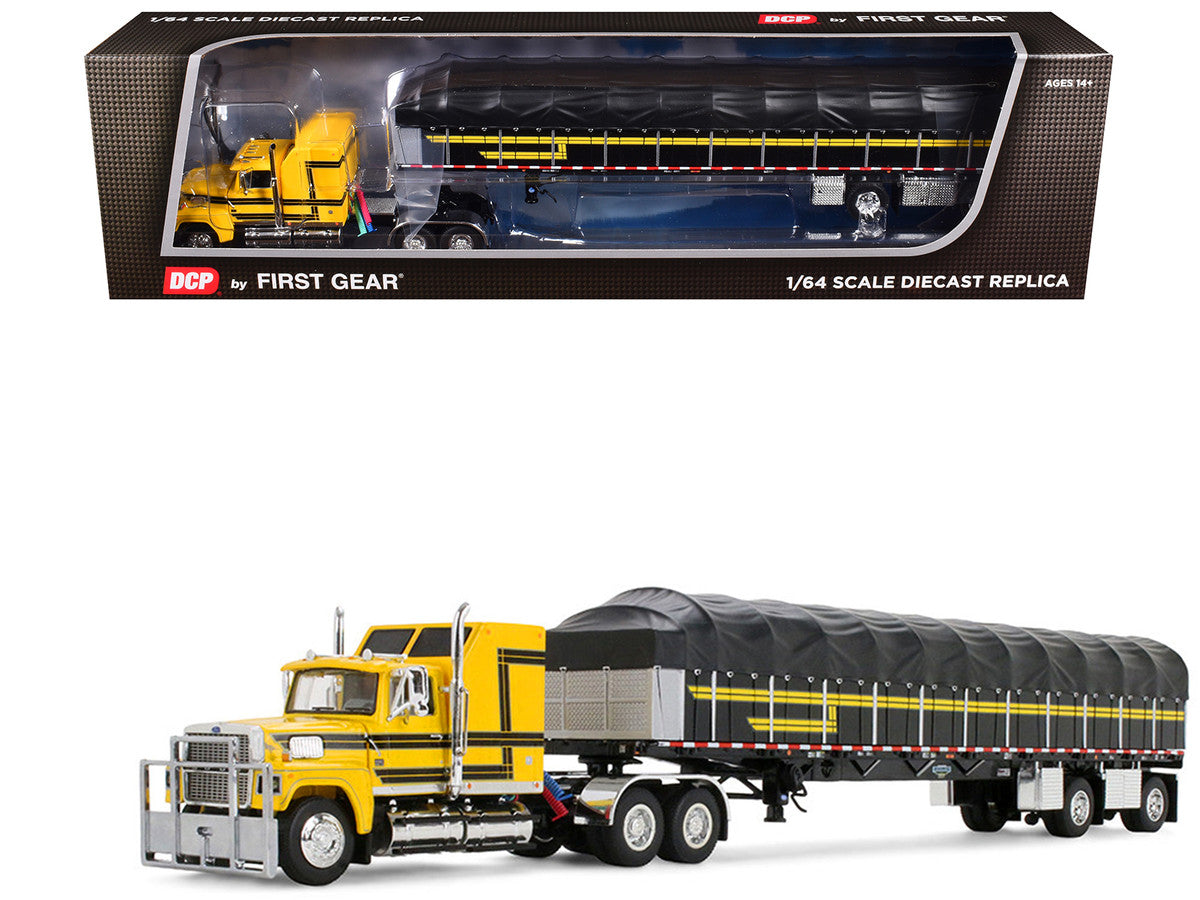 Ford LTL 9000 with 60" Aerodyne Sleeper and 53' Wilson Roadbrute Flatbed Trailer with Covered Wagon Yellow with Black Stripes 1/64 Diecast Model by DCP/First Gear-4
