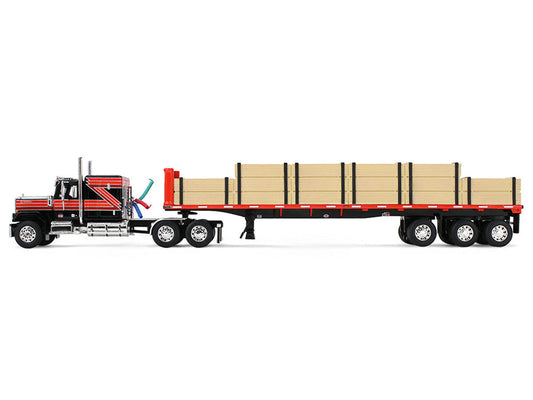 GMC General with 60" Flat Top Sleeper & 48' Utility Flatbed Trailer with Lumber Load Black with Red Stripes 1/64 Diecast Model by First Gear First Gear