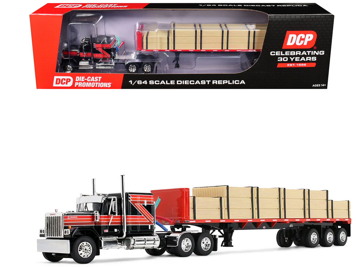 GMC General with 60" Flat Top Sleeper & 48' Utility Flatbed Trailer with Lumber Load Black with Red Stripes 1/64 Diecast Model by First Gear First Gear