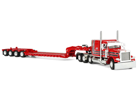 Peterbilt 379 with 63" Flat Top Sleeper and Fontaine Magnitude Lowboy Trailer with Fliptail "Anty Trucking & Rigging" Red with Black Stripes 1/64 Diecast Model by DCP/First Gear First Gear