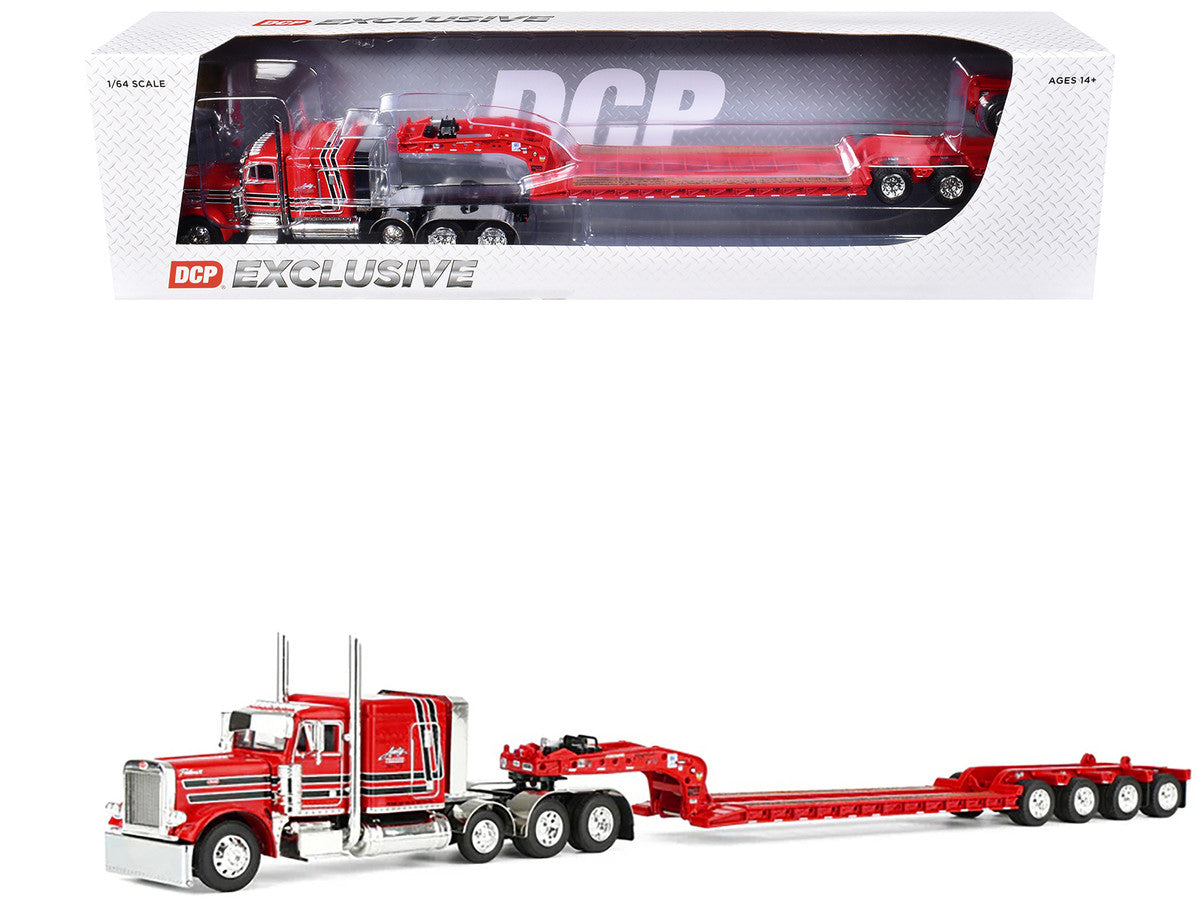 Peterbilt 379 with 63" Flat Top Sleeper and Fontaine Magnitude Lowboy Trailer with Fliptail "Anty Trucking & Rigging" Red with Black Stripes 1/64 Diecast Model by DCP/First Gear First Gear