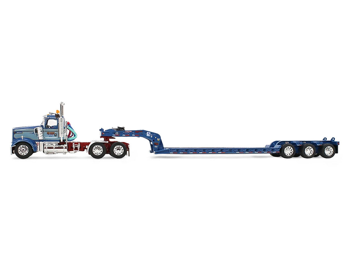 Kenworth W900L Day Cab and Fontaine Magnitude Lowboy Trailer "Sid Kamp" Blue and Light Blue Two-Tone 1/64 Diecast Model by DCP/First Gear First Gear