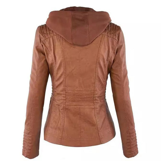 Women's Detachable Lapel Long Sleeve Solid Color Zipper Leather Jacket Coat LadyShow.Store