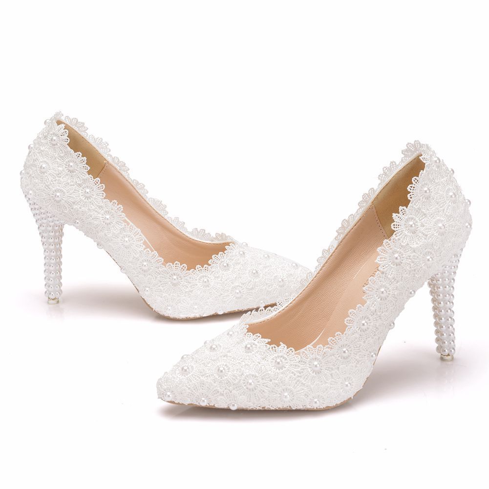 Pearl Lace Large Size Wedding Shoes Stiletto Single Shoes Women LadyShow.Store