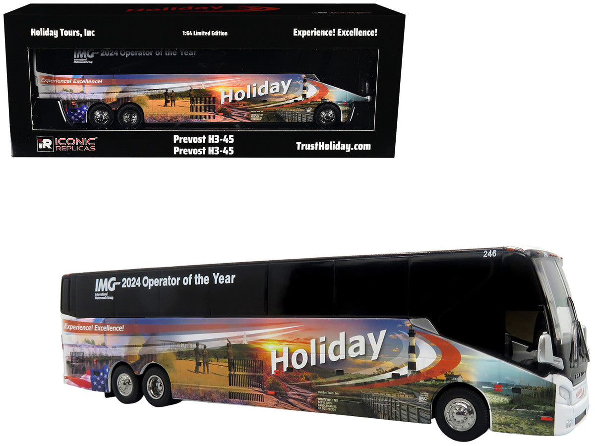 Prevost H3-45 Coach Bus "Holiday Tours - 2024 IMG Operator of the Year" White with Graphics Limited Edition 1/64 Diecast Model by Iconic Replicas Iconic Replicas
