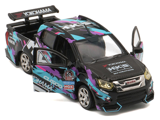 Isuzu D-Max Lowrider Pickup Truck RHD (Right Hand Drive) "HKS" Black with Graphics "Thailand Diecast Expo 2025" 1/64 Diecast Model Car by BM Creations