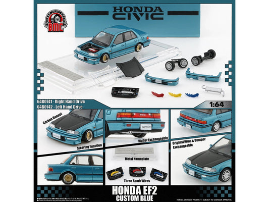 Honda Civic EF2 Custom Blue Metallic with Alternate Parts 1/64 Diecast Model Car by BM Creations BM Creations