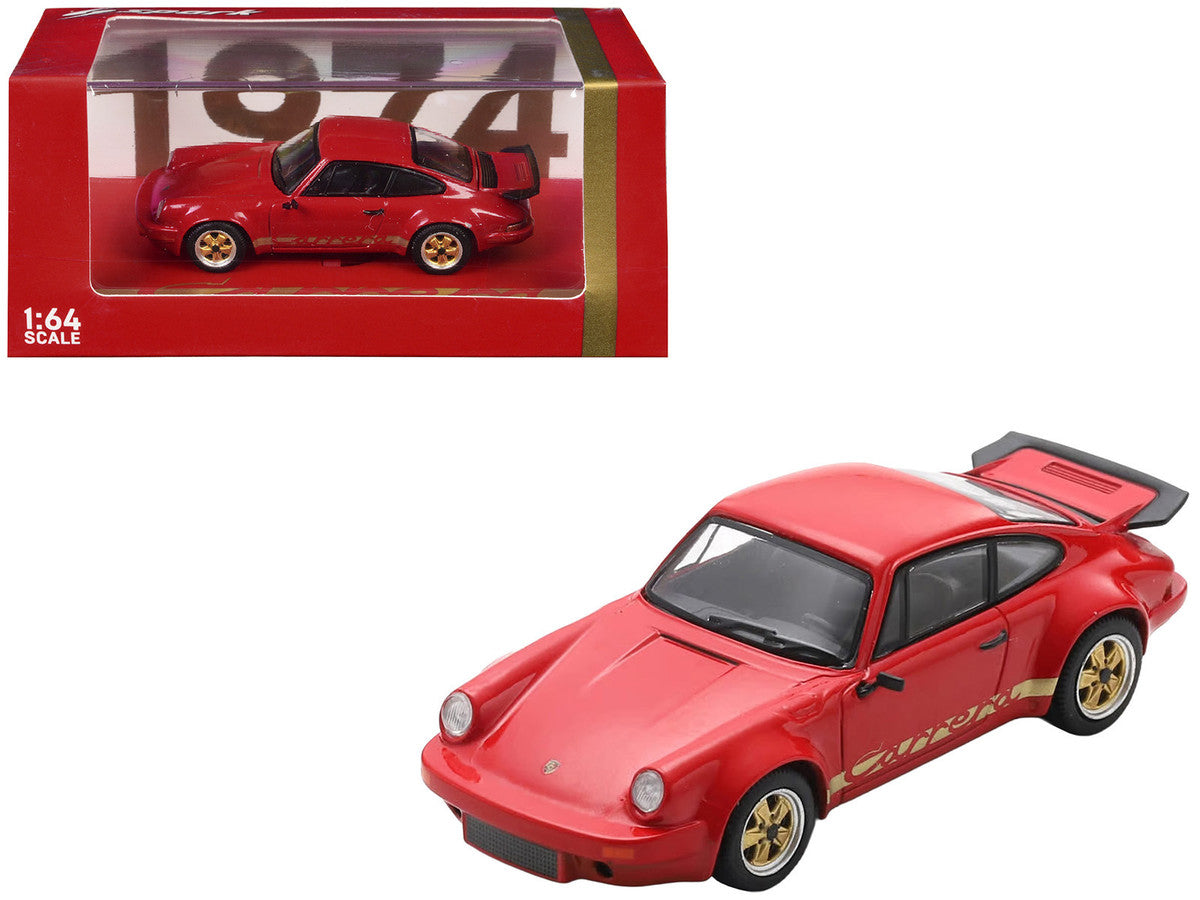 1974 Porsche 911 Carrera RS 3.0 Red with Gold Stripes 1/64 Model Car by Spark-4