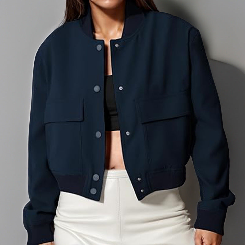 Fashion Button Stand-collar Jacket With Big Pockets Casual Loose Short Outwear Tops Coat For Women Clothing Accent Plus