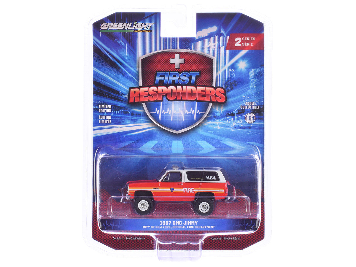 1987 GMC Jimmy "FDNY (The Official Fire Department City of New York) M.E.U. (Medical Equipment Unit)" Red and White "First Responders" Series 2 1/64 Diecast Model Car by Greenlight-0